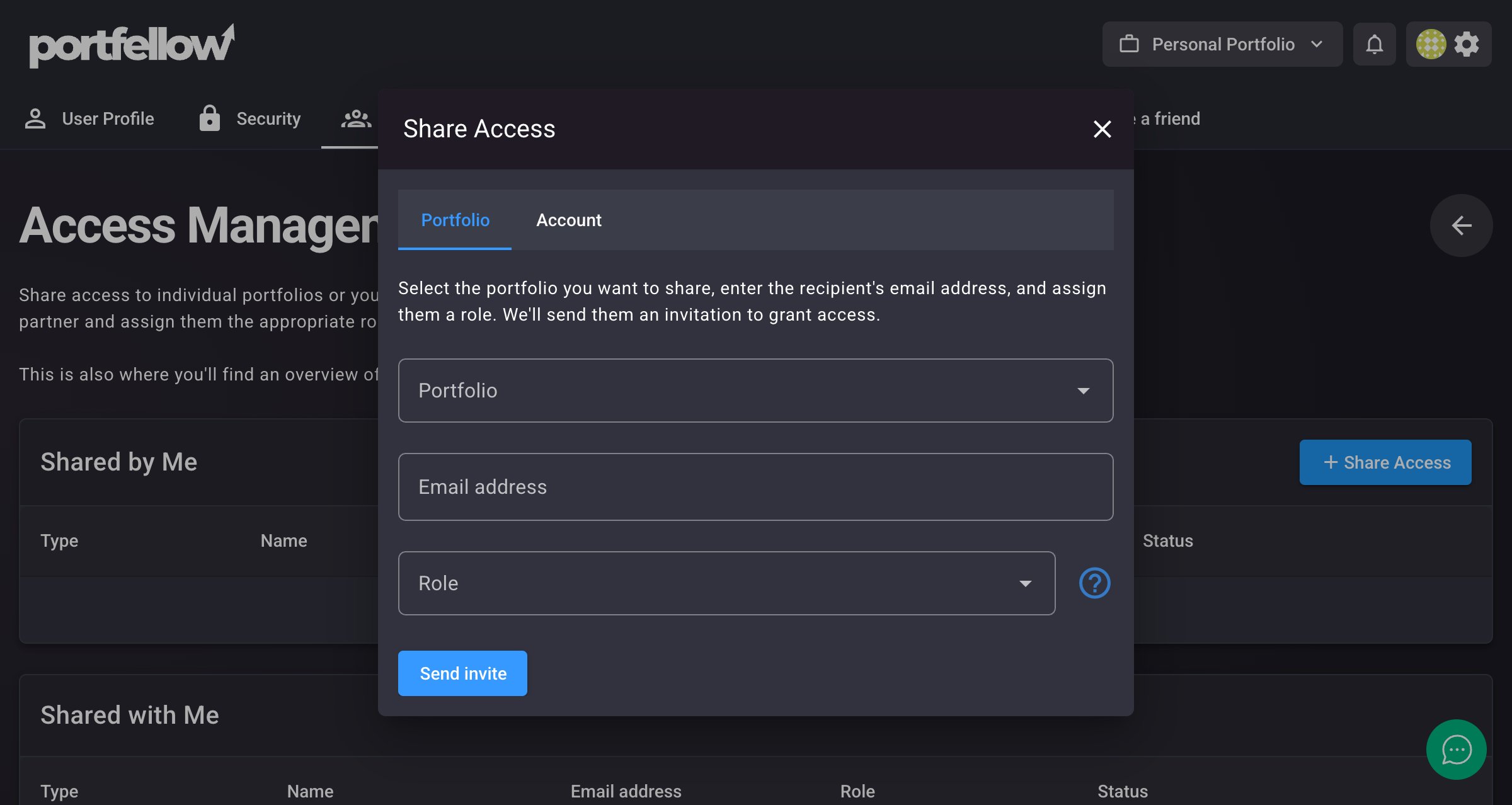 Portfolio Sharing Dialog
